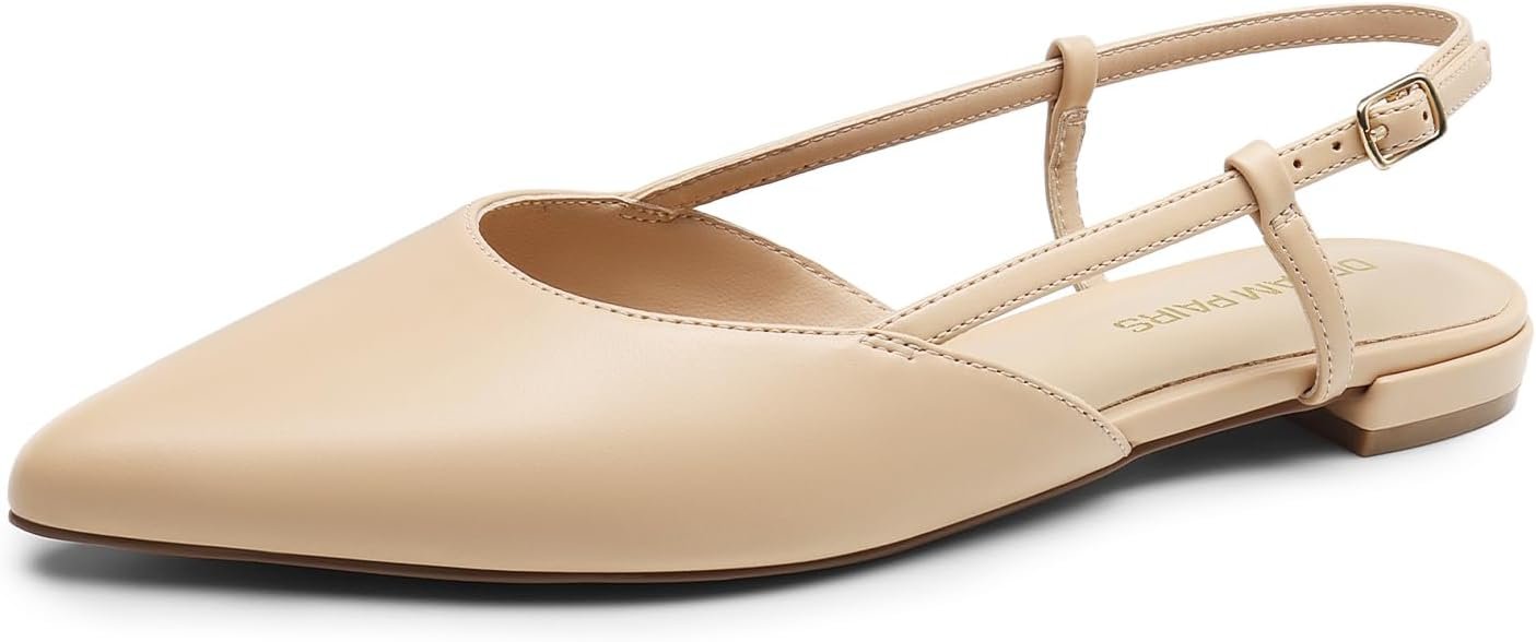 DREAM PAIRS Slingback Flats for Women, Pointed-Toe Elegant Women’s Ballet Flats with Buckle Strap, Classic Low Heel Dress Shoes for Casual Work Office Party
