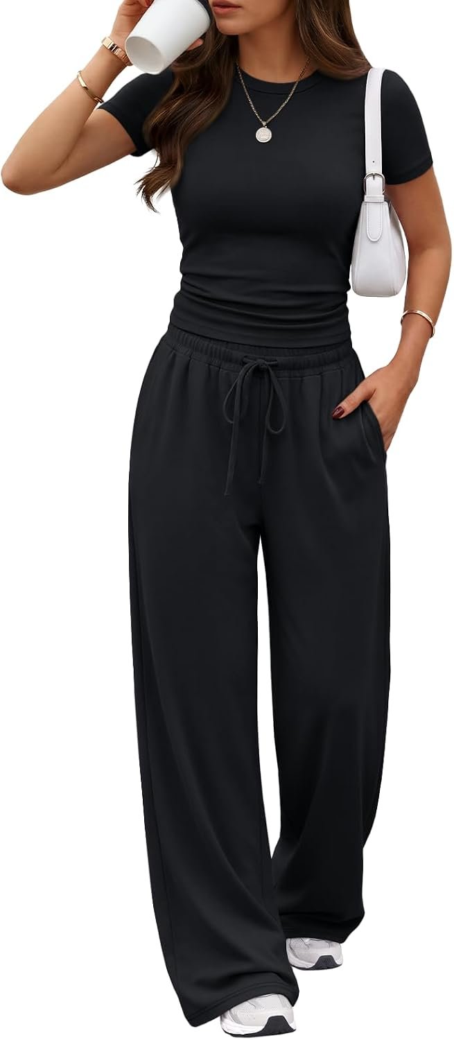 Trendy Queen 2 Piece Matching Summer Lounge Set Womens Side Ruching Top Wide Leg Pants Sets with Pockets