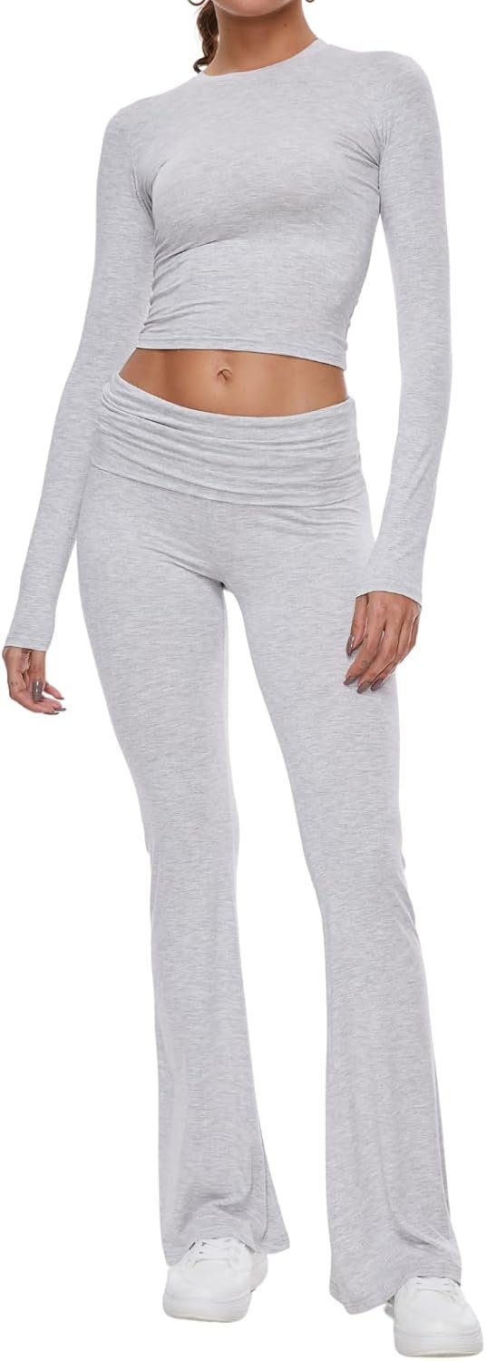 AnotherChill Women’s Long Sleeve Top Foldover Flare Pants Lounge Set | 2 piece cropped shirt and slim flare trousers comfy loungewear, soft modal casual matching sets, travel airport outfits