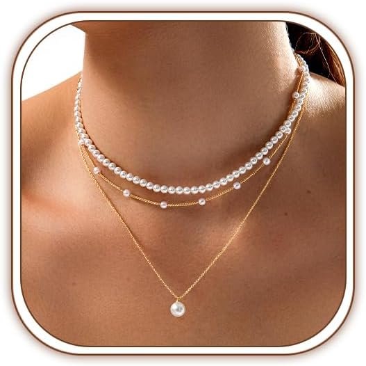 Zeffy Gold Pearl Necklace for Women, Dainty 14K Gold/Silve Plated Layered Pearl Choker Pearl Earrings Pearl Bracelets Wedding Trendy Gold Jewelry Set for Women Gifts
