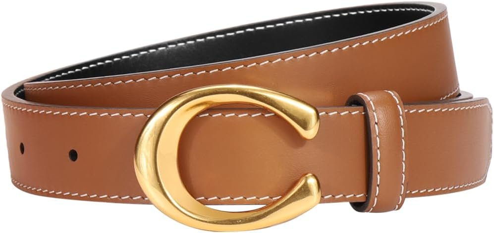 C Belt|Chain|Triangle Gold Buckle Reversible Leather Belt for Women Designer Belts for Jeans Dress Pants