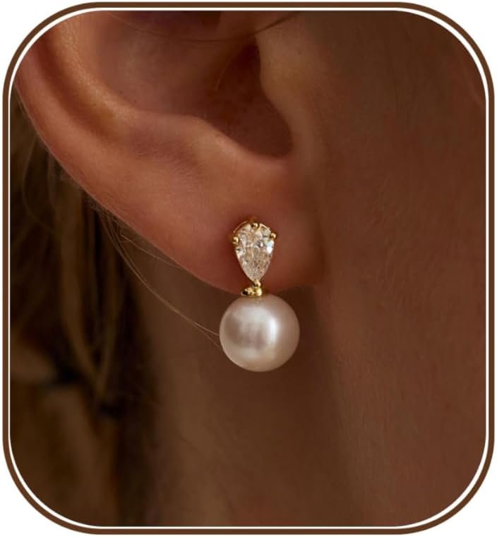 Gold Pearl Earrings For Women,Dainty Wedding Earring 14K Gold Plated Formal Pearl Drop Earrings For Women Trendy Simple Prom Wedding Bride Earring Fashion Womens Jewelry
