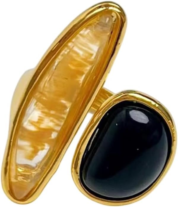 Asymmetry Black Agate Ring for Women Minimalist Open Wrap Thumb Band Gold-Tone Plated Adjustable Promise Rings Comfort Fit Wedding Fashion Unique Statement Eternity Jewelry