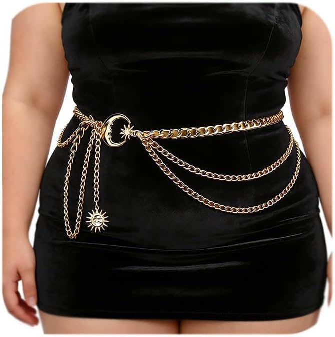 MODRSA Gold Chain Belt – Fashion Waist Chain Belt with Moon, Butterfly Rhinestone & Layered Design