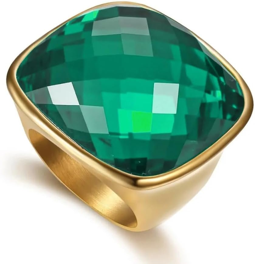 Chunky Square Crystal Glass Stainless Steel Statement Ring for Women Men Gold-Tone Plated Exaggerated Large Geometric Green Cubic Zirconia Finger Band Knuckle Rings Cocktail Prom Fashion Jewelry