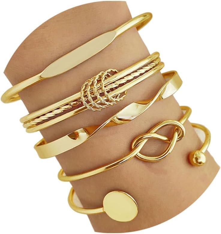 Golden Bangle Bracelets Set for Women, 14k Gold-Plated Multi Layer Stackable Cuff Bracelets, Personalized Boho Non Tarnish Adjustable Bangle Jewelry Gift for Her