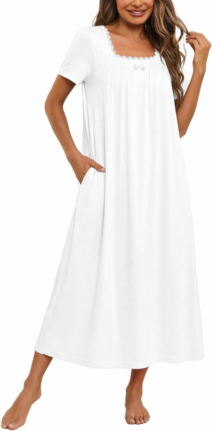 Ekouaer Cotton Long Nightgowns for Women House Dress with Pockets Short Sleeve Casual Night Gown Vintage Victorian Nightshirt