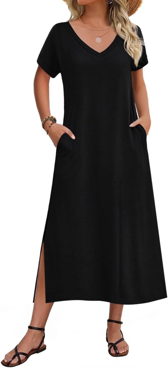 Zeagoo Women Summer Floral Dress Short Sleeve Beach Dress with Pockets Casual V-Neck Split Long T-Shirt Dress Travel Vacation