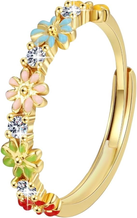 Dainty Daisy Rings Colourful Flower Adjustable Rings for Women Jewelry, Friendship Promise Fashion Jewelry Valentine