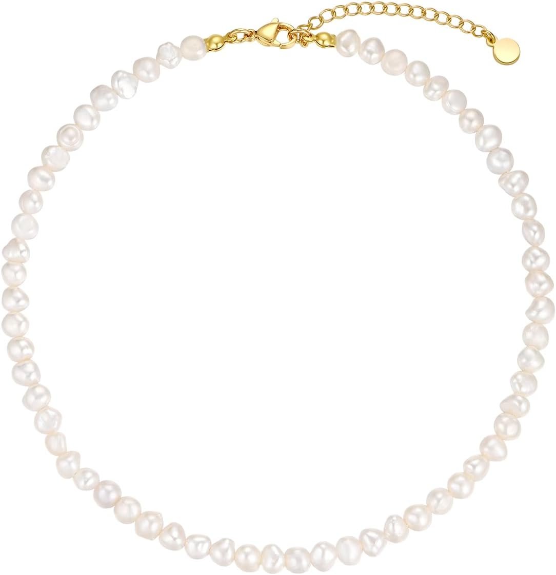 NUZON Natural Freshwater Baroque Pearl Choker Necklace for Women 16’’ | Cultured Pearl Strand Necklace, Various Size & Shape, White Pearl Beaded Necklace, Oval Rice Pearl Layering Summer Jewelry