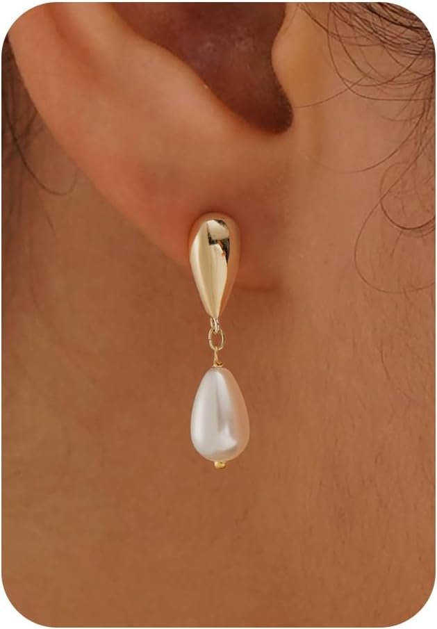 Plenky Pearl Earrings-14K Gold Plated Dainty Pearl Drop Simple Wedding CZ Dangle Dangling Cute Stud Earrings for Brides Earrings for Women Gifts