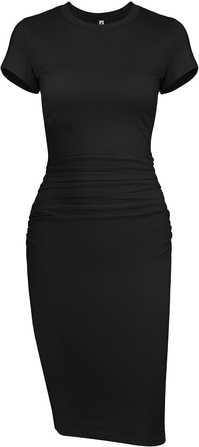 Missufeintl Women’s Bodycon Ruched Short Sleeve T Shirt Midi Sundress Fitted Casual Dress