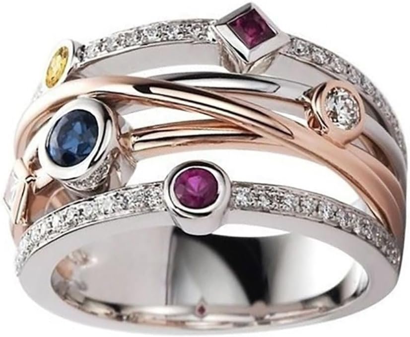 White Gold Plated Geometric Lines Two Color Cubic Zirconia Boho Style Statement Ring Personalized Accessory Ideal for Women’s Daily Casual Wear Party Holiday Anniversary Love Jewelry Gift