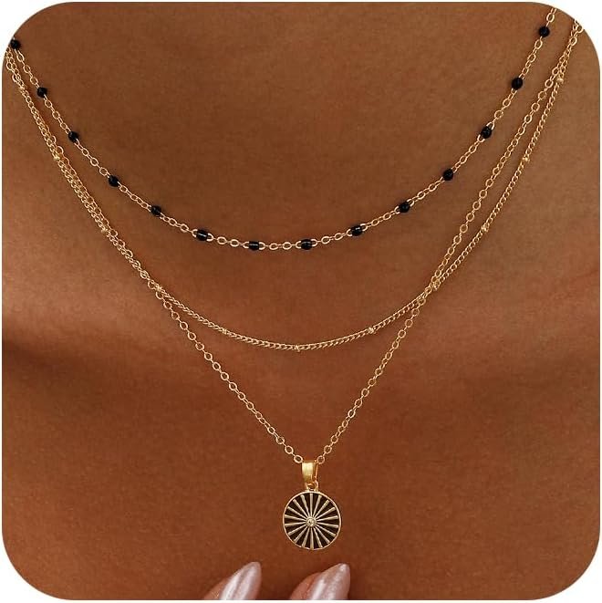 Layered Gold Necklaces for Women, Dainty 14K Gold Plated Cute Pearl Pendant Necklace Jewelry Set Stackable Toggle Chain Choker Collar, Trendy Waterproof Non Tarnish Jewelry Gift