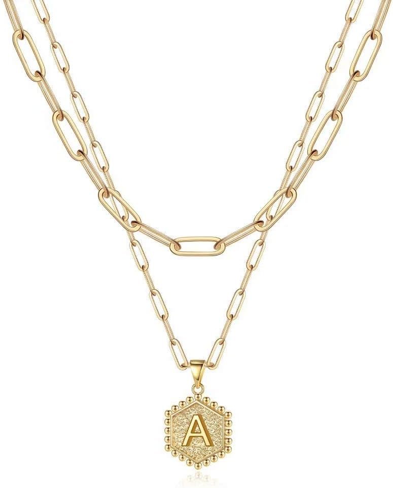 M MOOHAM Dainty Initial Necklaces for Women, 14K-Gold-Plated Layering Necklace for Women Cute Hexagon Letter Initial Necklace Layered Necklaces for Womens Teen Girl Gifts