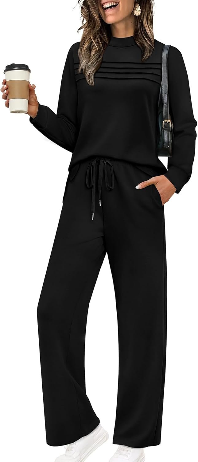 WIHOLL Two Piece Sets for Women Spring Travel Vacation Outfits 2026 Long Sleeve Lounge Sets Side Slit Wide Leg Pants S-3XL
