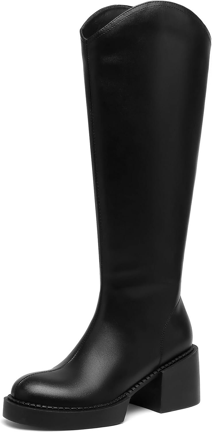 TEAIEUI Knee High Boots for Women | Comfort Platform | Chunky Block Heeled | Riding | Tall | Long | Side Zipper | Round Toe