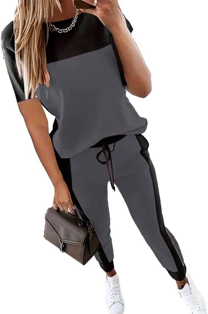 HBQ Women’s Color Block 2 Piece Outfits Summer Travel Tracksuit Short Sleeve Tops High Waisted Jogger Pants Lounge Sets