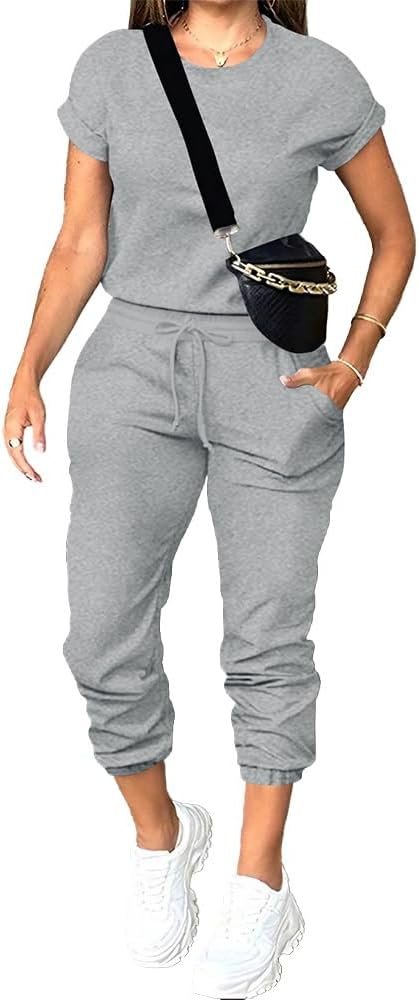 PINSV Women’s 2 Piece Outfits Tracksuit Sets Short Sleeve Tops Jogger Pants with Pockets