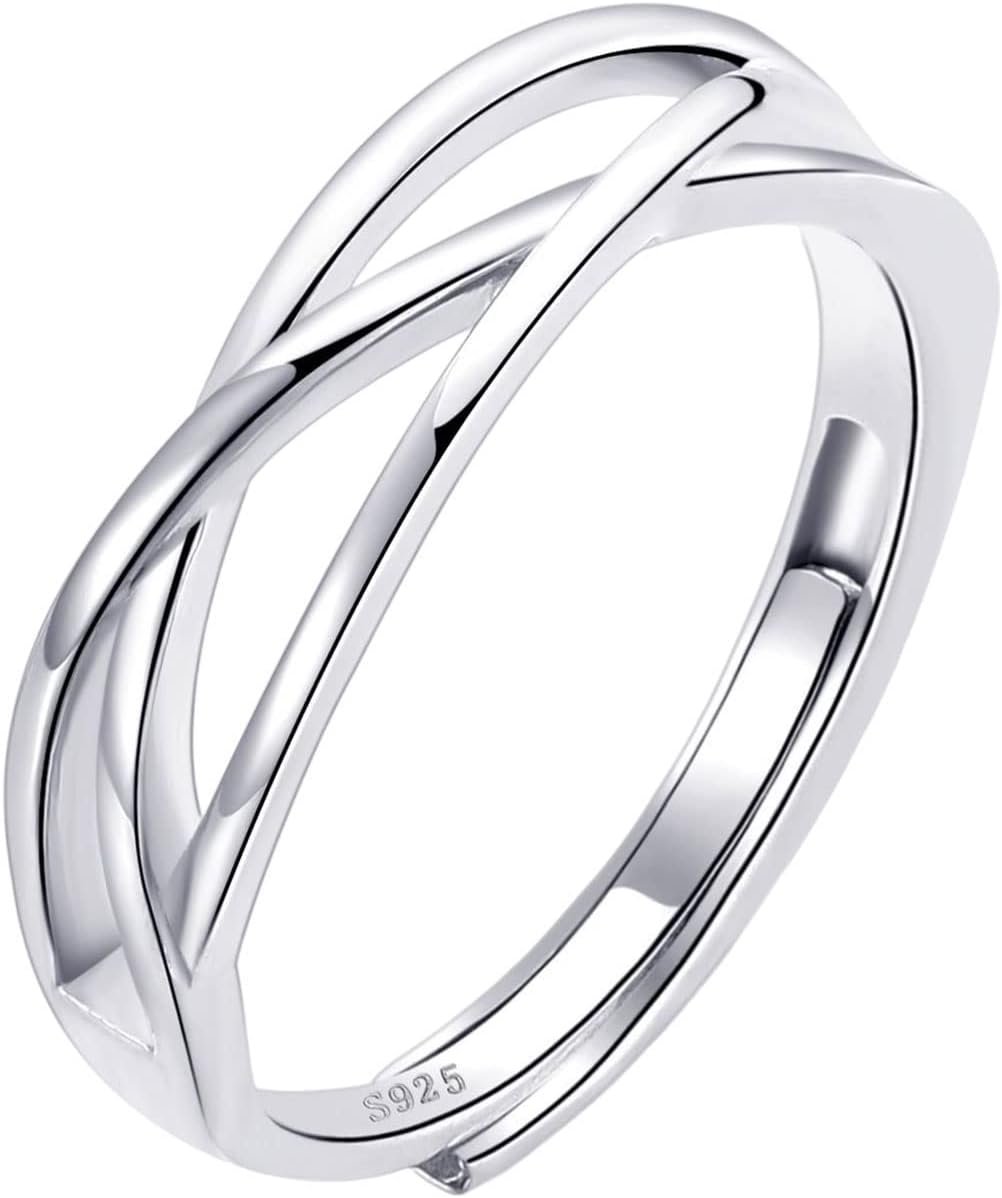 OOOPEL Sterling Silver Adjustable Ring S925 Silver Rings for Women Cubic Zirconia Twist Love Knot Dainty Ring Silver Minimalist Open Finger Rings Silver Thumb Sterling Silver Ring