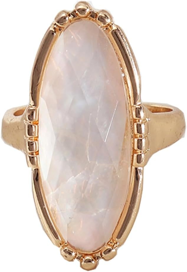 PLOUTOS Elegant Vintage Oval stone Statement Ring for Women Gold Tone Beaded Edge Cocktail Style Gift Party Jewelry Fashion Glamorous
