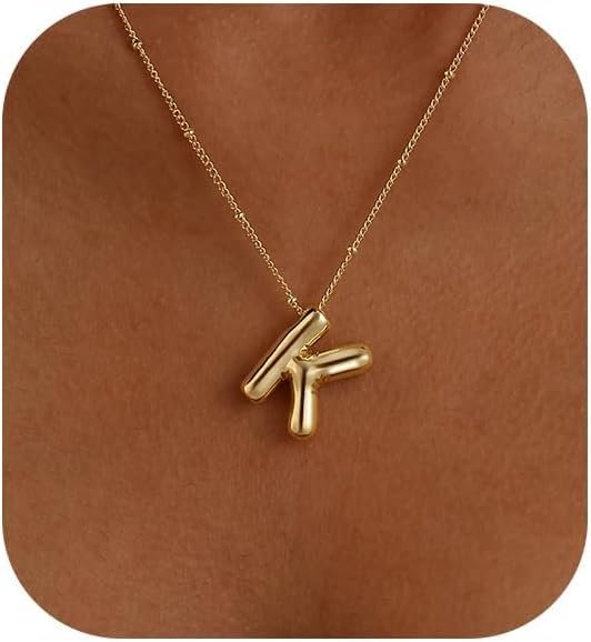 Ewrkbrㅤ Initial Necklaces for Women, 14k Gold Plated Bubble Letter Necklace Chunky Gold Necklace Dainty Charm Initial Necklaces for Women Trendy Custom Preppy Stocking Stuff Necklace Christmas Gifts