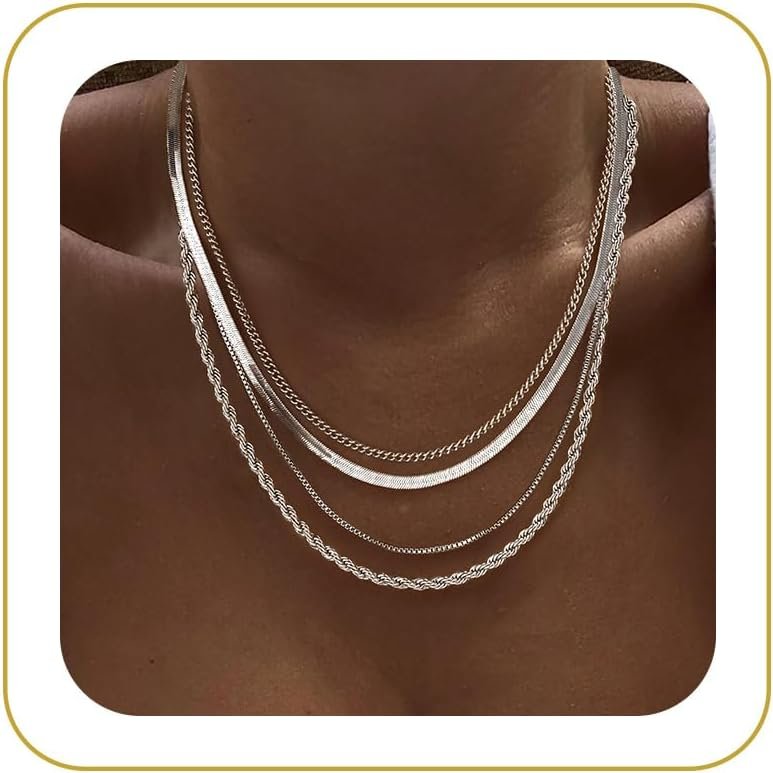Tewiky Layered Necklaces for Women Non Tarnish- Chunky 14k Gold Plated Herringbone/Snake/Rope/Box/Cuban Link Chain for Women Waterproof Layering Stack Choker Necklace Trendy Dainty Tarnish Free Jewelry Set