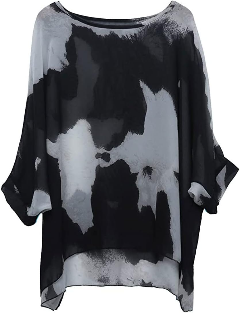 Rokou Women Chiffon Blouse Floral Batwing Sleeve Beach Cover Loose Tunic Shirt Tops