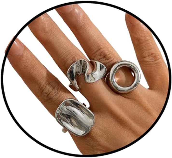PINK TOWN Gold Chunky Ring Set,Vintage Geometric Stacking Rings Exaggerated Knuckle Ring Boho Thick Dome Finger Midi Rin Curved Minimalist Simple Statement Jewelry for Women
