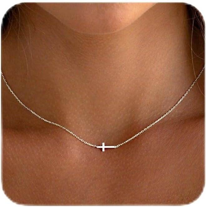 Sterling Silver Cross Necklace for Women – Dainty Small Choker Religious Faith Jewelry Baptism Gift