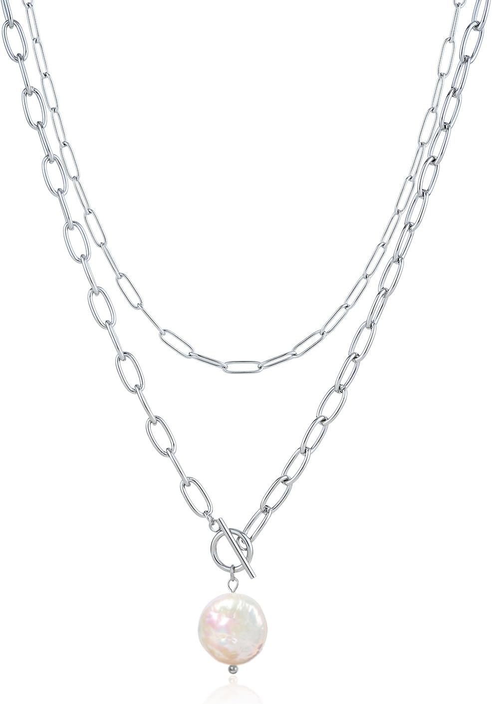 Natural Baroque Pearl Layered Pendant Paperclip Toggle Necklaces Stainless Steel Paper Clip Chain Irregular/Round Freshwater Pearl Jewelry Gift for Women