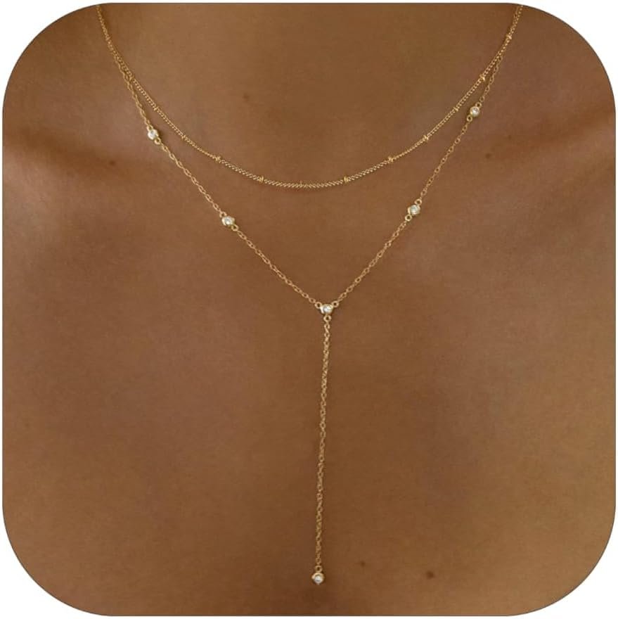 Gold Necklace for Women, Dainty Gold Long Necklaces 14k Gold Plated Prom Lariat Necklace Cute Choker Necklaces for Women Trendy Stuff Fashion Costume Gold Accessories Christmas Jewelry Gifts
