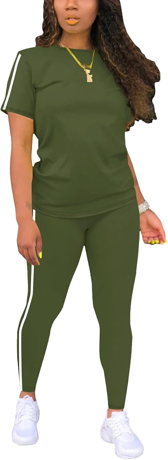 Women’s 2 Piece Outfits Sweatsuit Summer Workout Striped Short Sleeve Long Sweatpants Casual Jogging Lounge Set