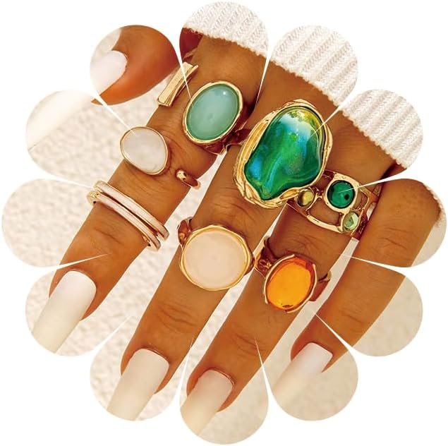 Chunky Gemstone Rings for Women Gold Silver Chunky Rings Set Adjustable Thick Statement Ring Trendy Fashion Silver Jewelry