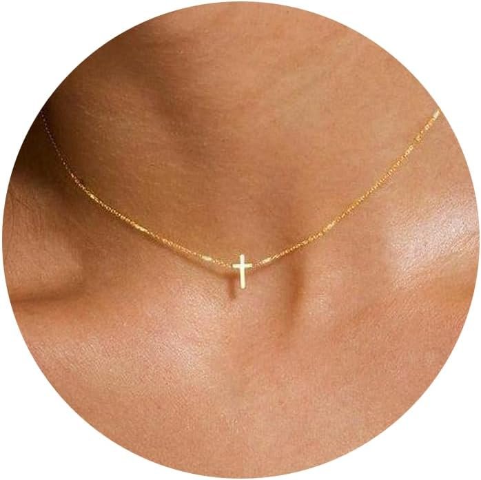 Tewiky Dainty Cross Necklace for Women, 14K Gold Plated Simple Cross Choker Necklaces Small Cross Pendant Tiny Cute Necklaces Handmade Aesthetic Gold Jewelry for Women