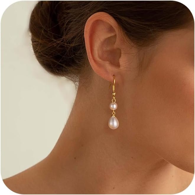 Freekiss Pearl Earrings for Women Trendy: Flat Back Stud Earrings 14K Gold Plated/925 Sterling Silver Freshwater Pearl Dangle Earrings Cute Bow Earrings Wedding Jewelry Birthday Gifts for Women Girls