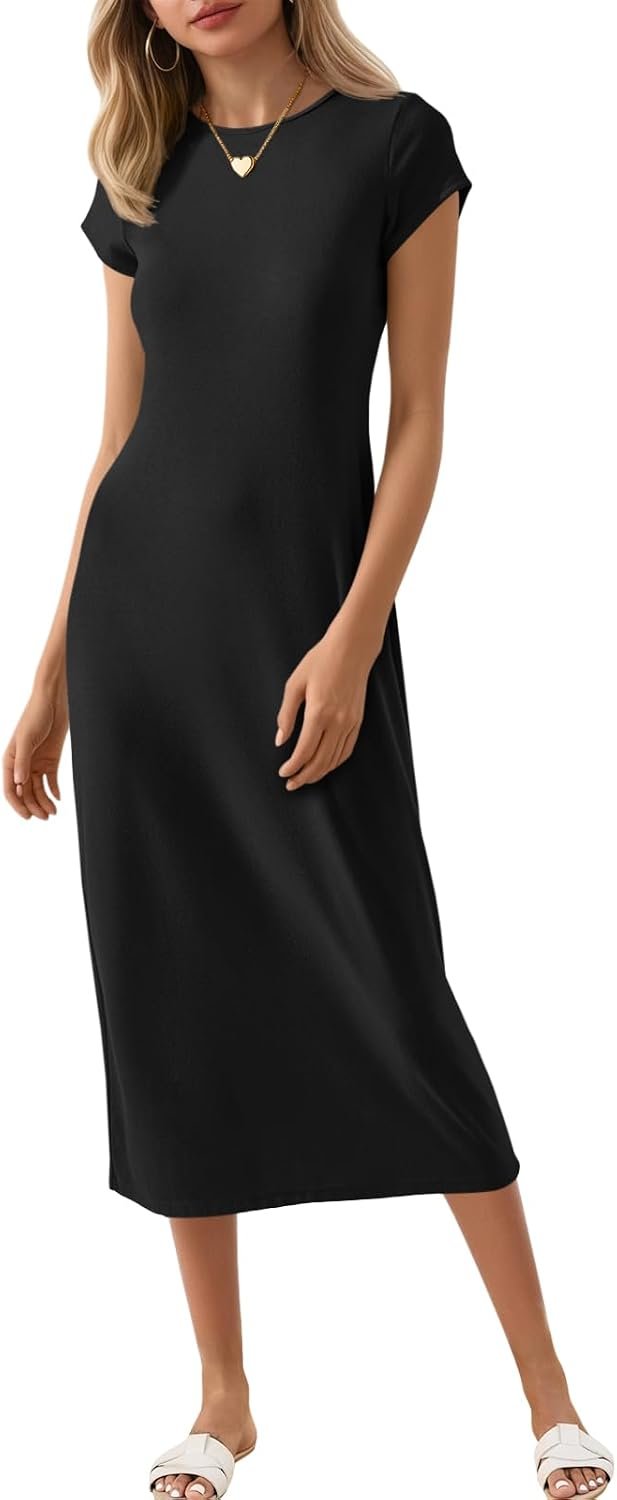 Wenrine Women’s Short Sleeve T-Shirt Dress Summer Crew Neck Basic Solid Casual Long Midi Dresses