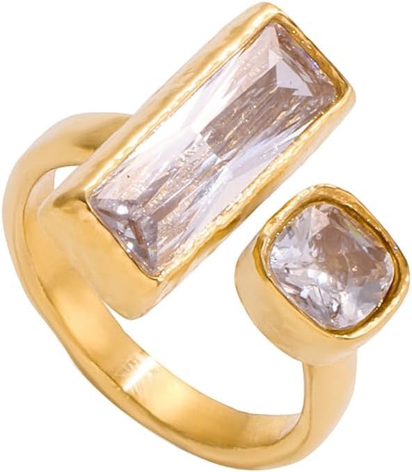 Cubic Zirconia Square Gold-Tone Statement Ring for Women Hypoallergenic Stainless Steel Adjustable Stackable Charm Geometric Open Band Wrap Finger Rings Comfort Fit Fashion Holiday Party Prom Jewelry