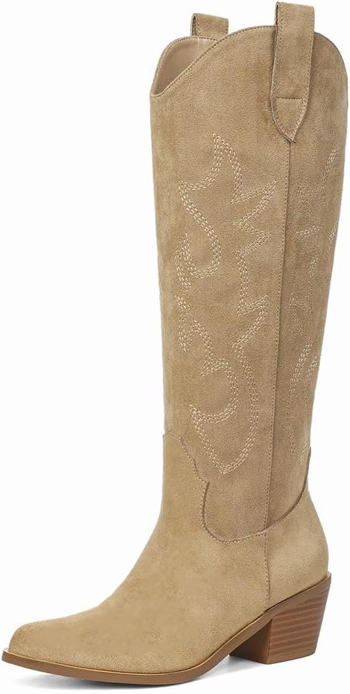 Erocalli White Cowgirl Boot Cowboy Boots for Women Embroidered Pull-On Chunky Stacked Heel Knee High Western Boots