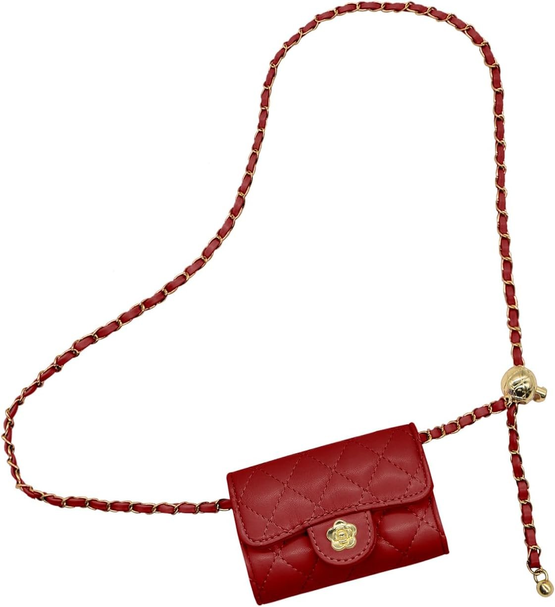 YAMEIZE Mini PU Leather Chain Belt Bag for Women Quilted Waist Purse Crossbody Fanny Pack Detachable Belt Chain