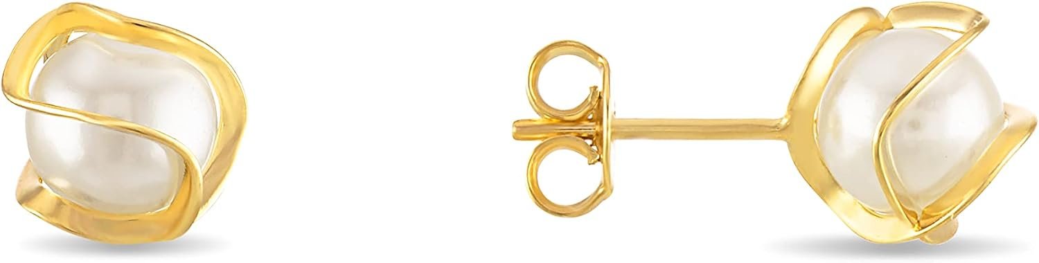 Barzel 18K Gold Plated Caged Pearl Stud Earrings, 6MM – Made In Brazil