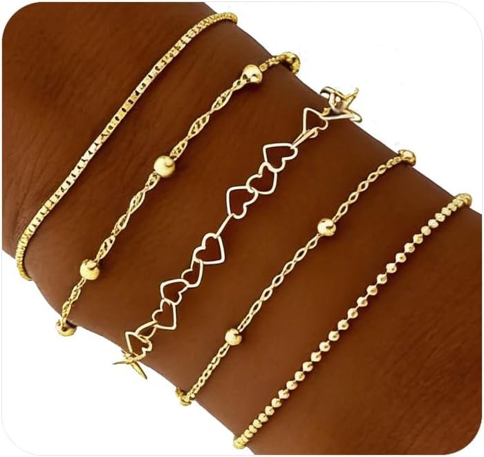Dainty Silver Bracelet Set for Women,Cute Gold Heart Chain Stackable Bracelets Trendy Stack Link Bracelet Pack Boho Heart Jewelry Valentines Day Gifts