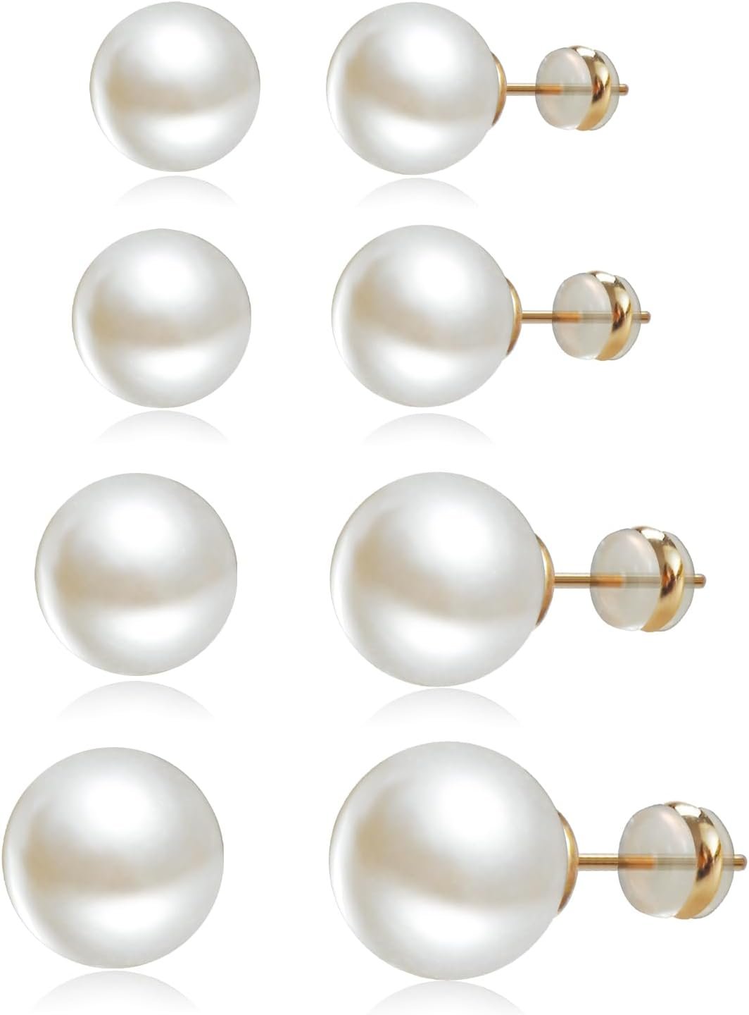 4 Pairs Pearl Stud Earrings 14K Plated Gold Sterling Silver Hypoallergenic Earring stud Large size pearl 8mm-14mm Set Earrings for women