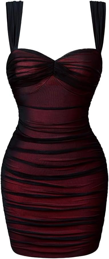 LAGSHIAN Women’s Summer Sexy Bodycon Sleeveless Tank Straps Mesh Ruched Mini Party Dress