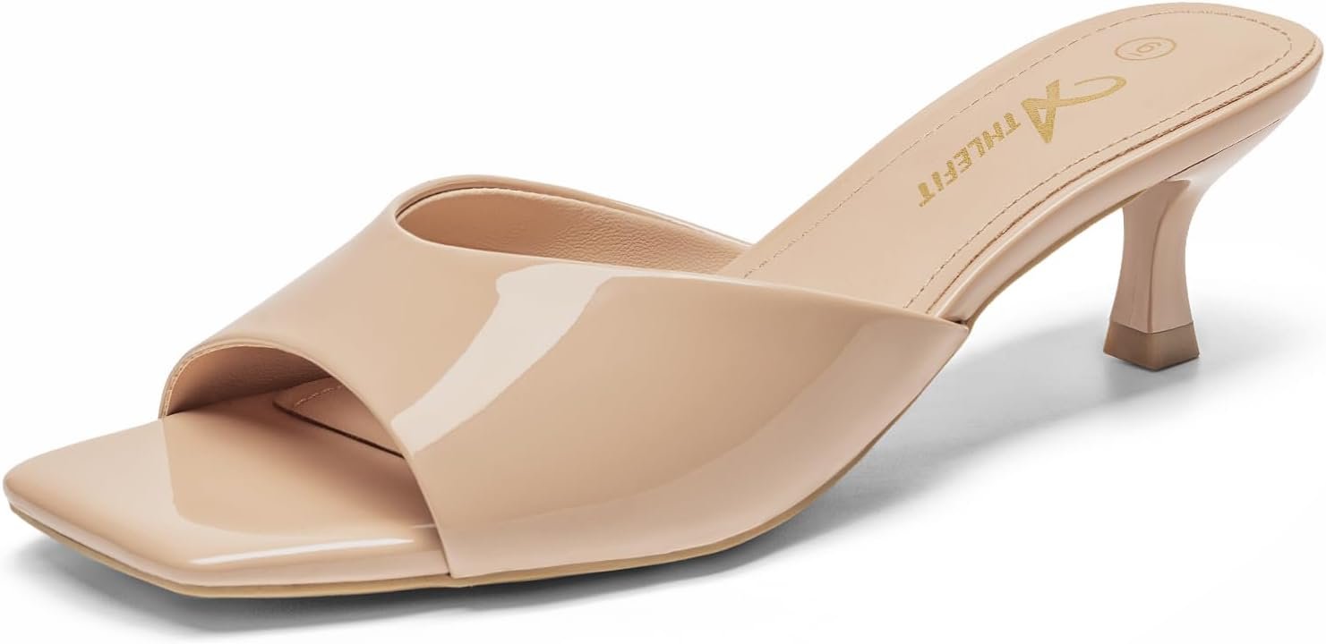Athlefit Kitten Heels for Women Heeled Sandals Square Open Toe Low Heels Comfortable Slip On Slides