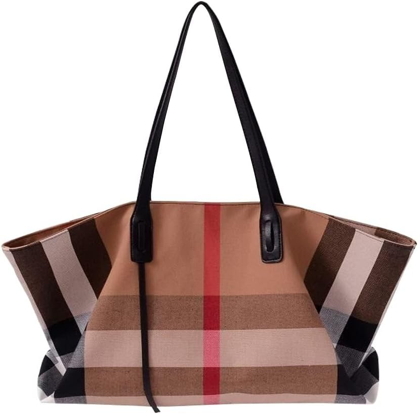 Designer Inspired Plaid Tote Bag for Women, Canvas Work Tote Bag with Zipper, Large Travel Tote Purse for Work, School, Shopping | Durable & Stylish Checkered Shoulder Bag