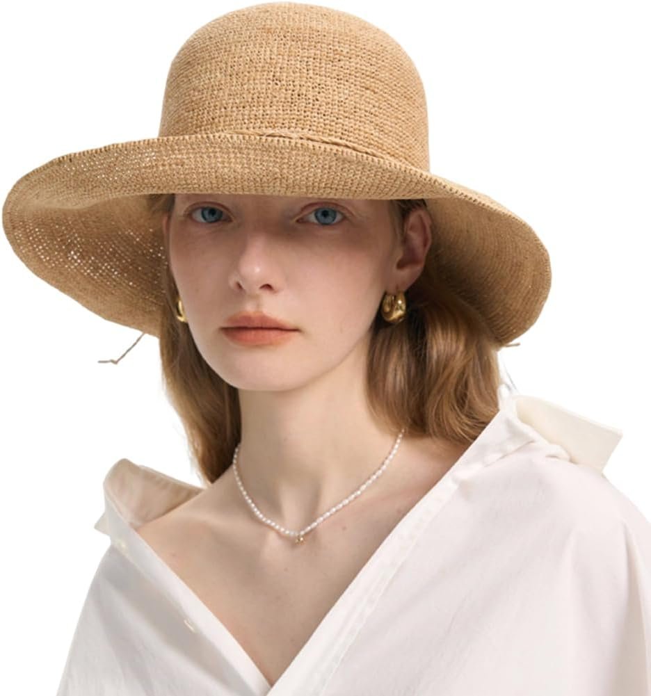Women’s Raffia Straw Hat Summer Beach Bucket Hat Handmade Natural Raffia Woven Sun Hats Foldable Floppy Cap