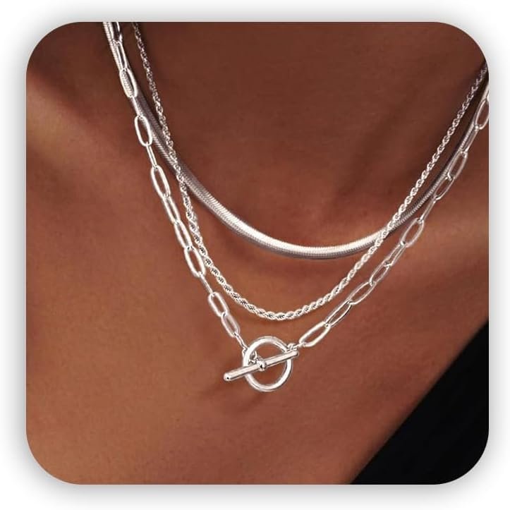 Freekiss Layered Necklaces for Women: 14K Gold/Sterling Silver Plated Chunky Necklace Paperclip Cuban Rope Adjustable Choker T-Bar Toggle Clasp Chunky Necklace for Women Trendy Jewelry Gifts