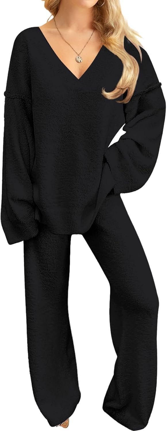 NORACORA Womens 2 Piece Fuzzy Fleece Lounge Sets Long Sleeve V Neck Pajama Set Fluffy Pjs Matching Loungewear