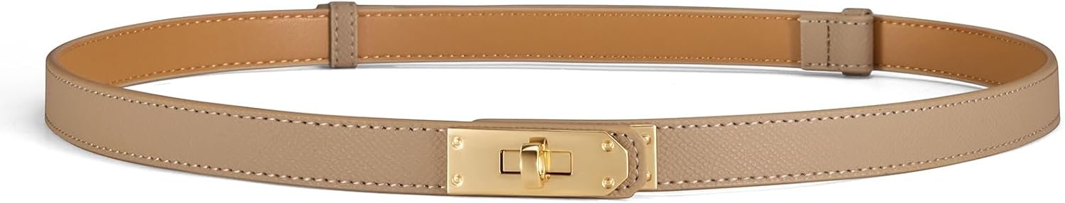 Women’s Skinny Leather Belt with Gold or Silver Turn-Lock Buckle – Adjustable Thin Belt for Dresses, Office & Wedding